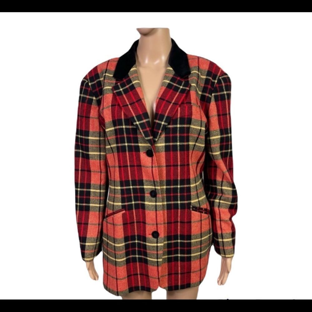 Henri Bendel Vintage  Wool Red Black Plaid Blazer Jacket 14 ( vintage) M